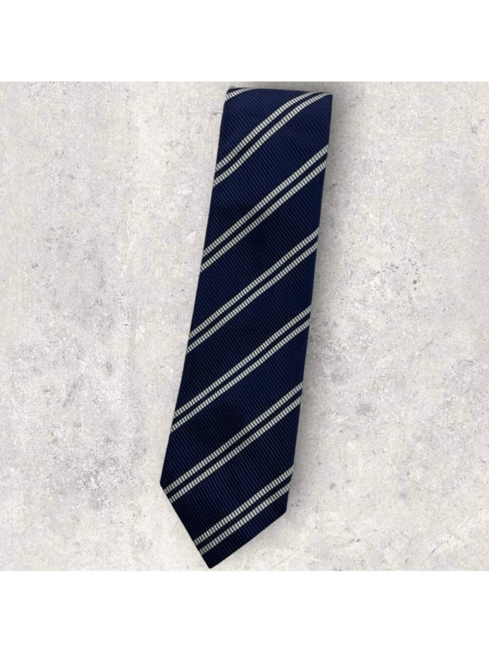 DAVID CHU 7fold Cotton Silk Tie ITALY XL Navy White Striped W:3.5" EUC